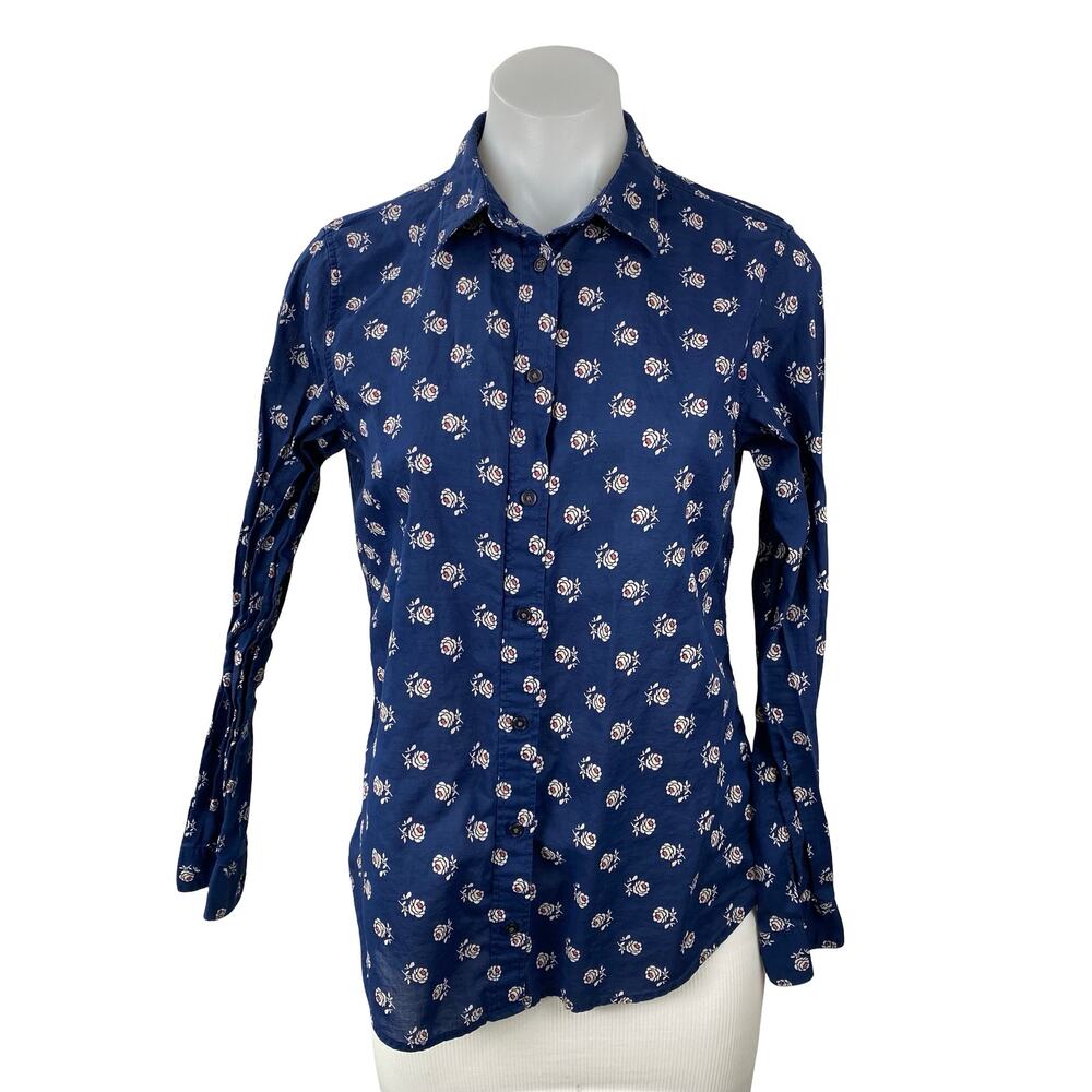Uniqlo Women's Navy Blue Floral Cotton Long Sleeve Button Down Shirt Top Size S